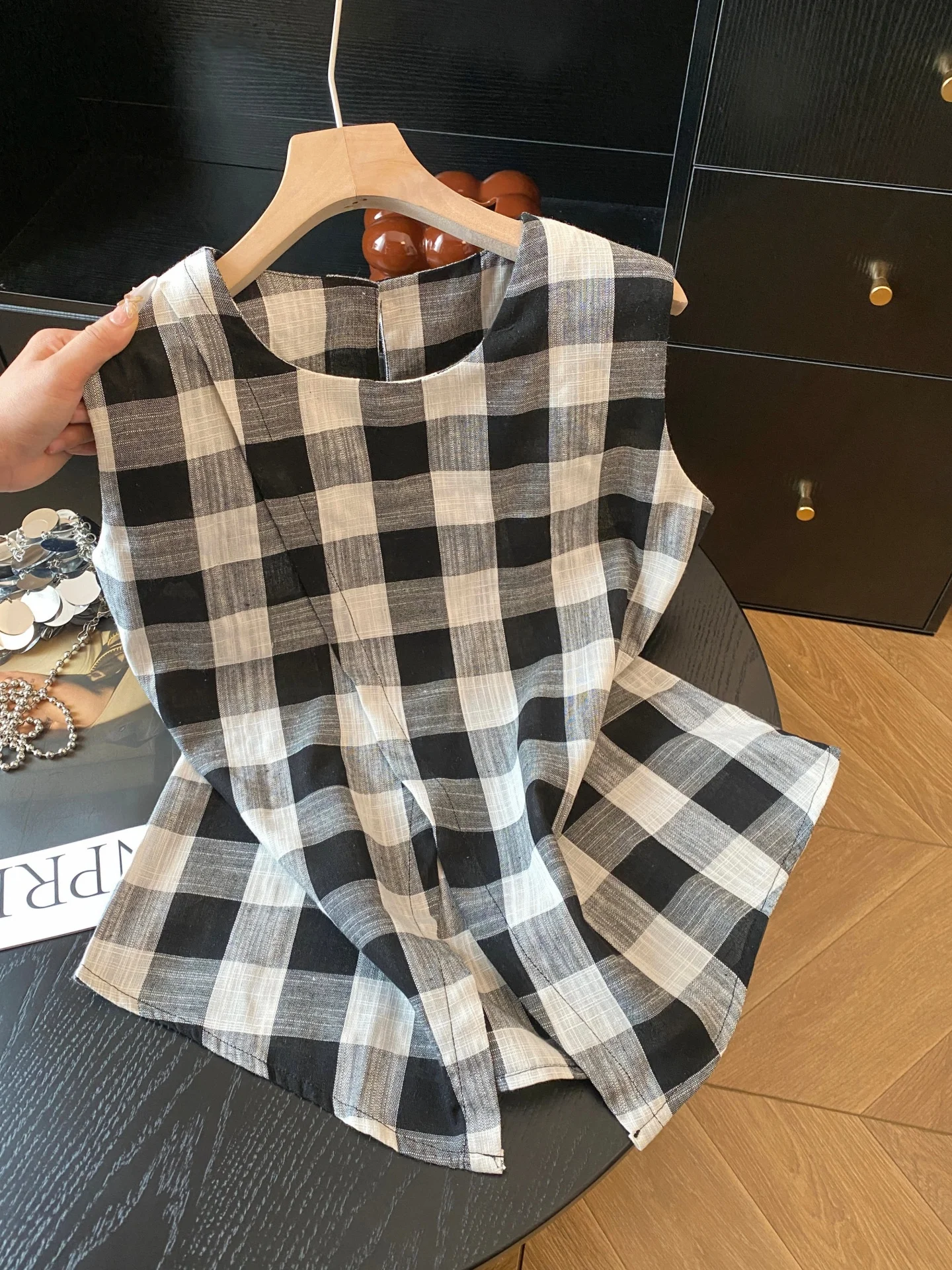 

Ретро-топ в клетку для женщин: дизайнерская модель, укороченный, приталенный, из смесового хлопка, летняя мода