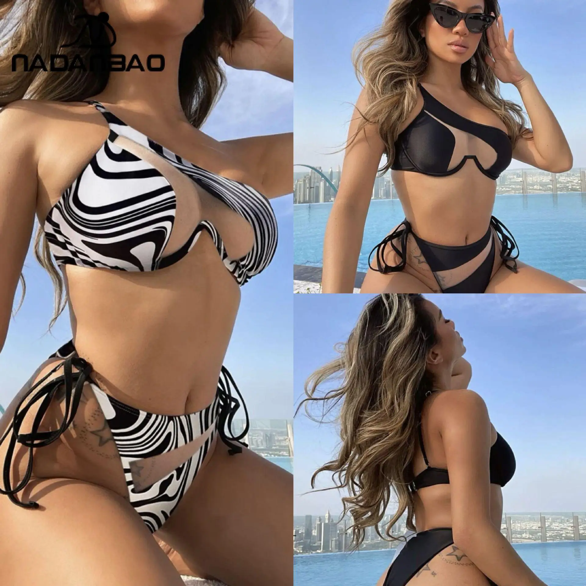 

Nadanbao Sexy One Shoulder String Hollow Out Bikini Fashion Summer Coastal Party Swimwear High Waist Bikini Women's Clothing