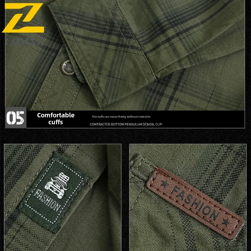 Men's Plaid Shirt Spring and Autumn New Retro Cotton Multi-Pocket Long Sleeve Shirts Male plus size 5xl Casual Loose Button Tops