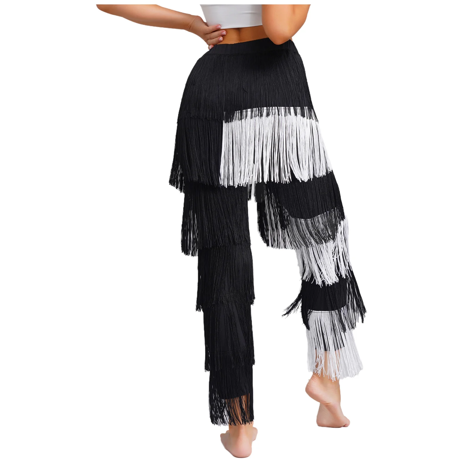 Womens Jazz Latin Dance Elastic Waist Pants with Tassels Contrast Color for Tango Rumba Dance Classes Competitions Performances