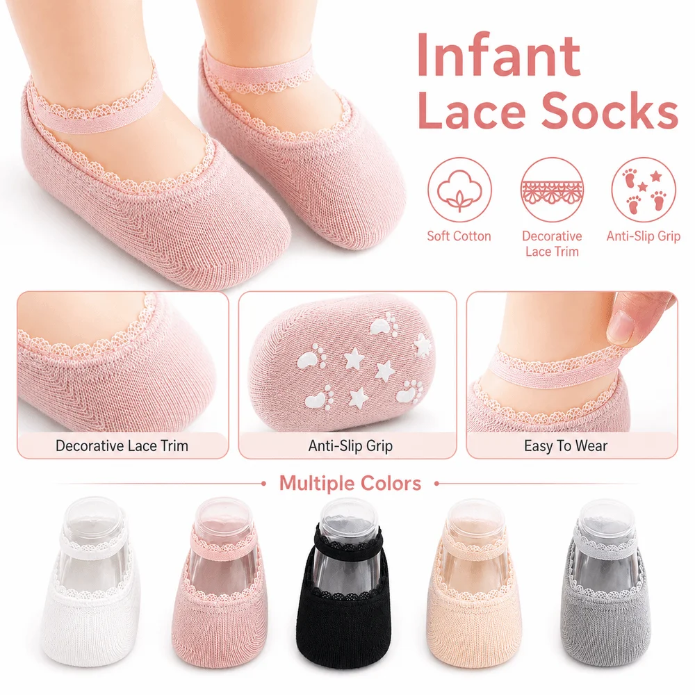 Adorable Solid Color Infant Lace Socks Soft Cotton Breathable Newborn Socks Rubber Soles Solid Baby Socks For Newborns