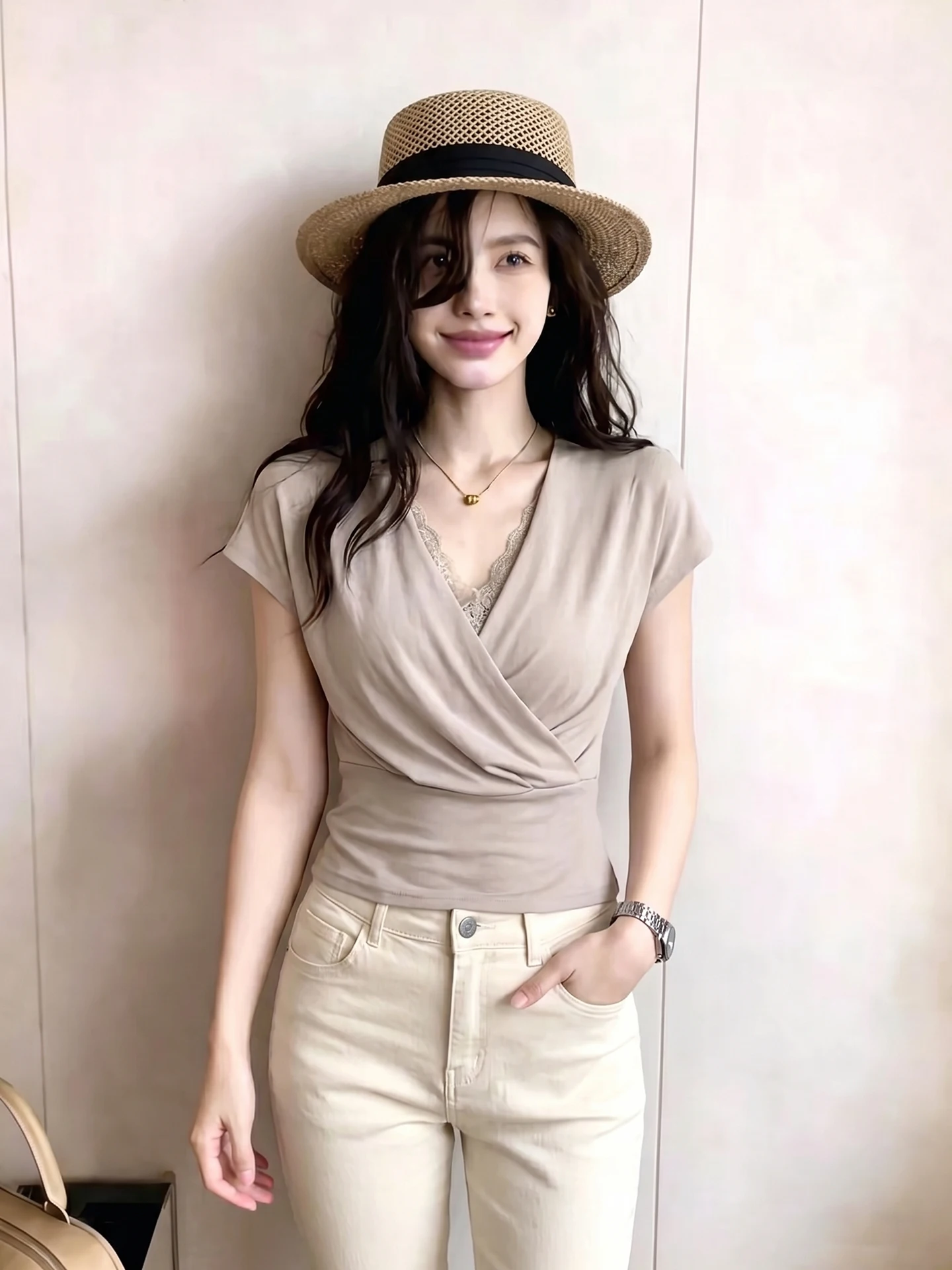 

Elegant V-Neck Short Sleeve Women's Base Shirt Slimming Chic Summer Fashionable Overhead Vintage Lace Commute Style Regular Fit