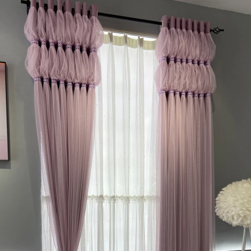 Dark Green Blackout Korean Princess Cloth and Gauze Integrated Customization Curtains for Living Dining Room Bedroom