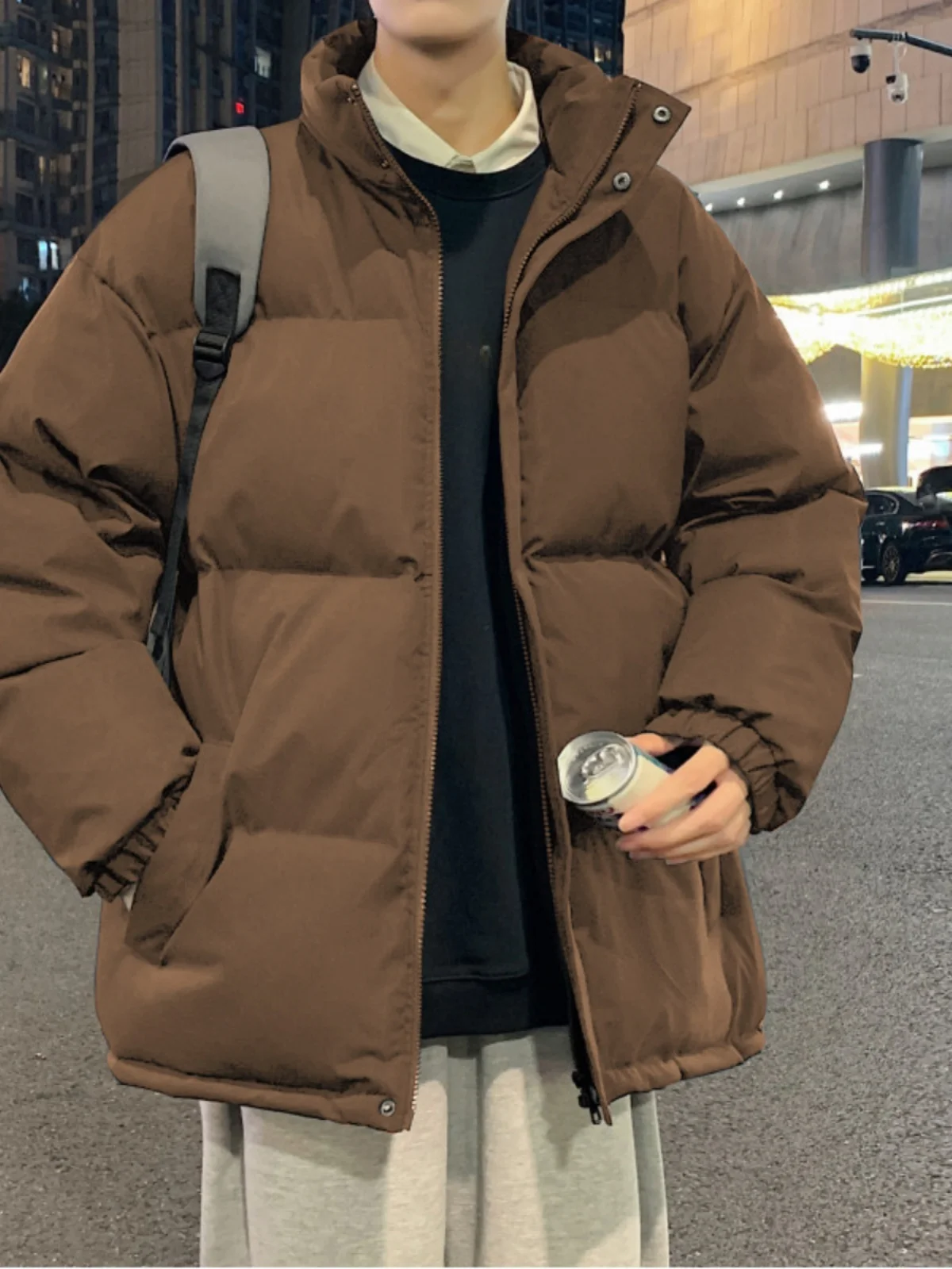 

Thiened Brown Cotton Jaet for Teens Winter Outerwear Cleanfit American Sle Bread Coat Loose Fit Zipper Closure Casual Wear