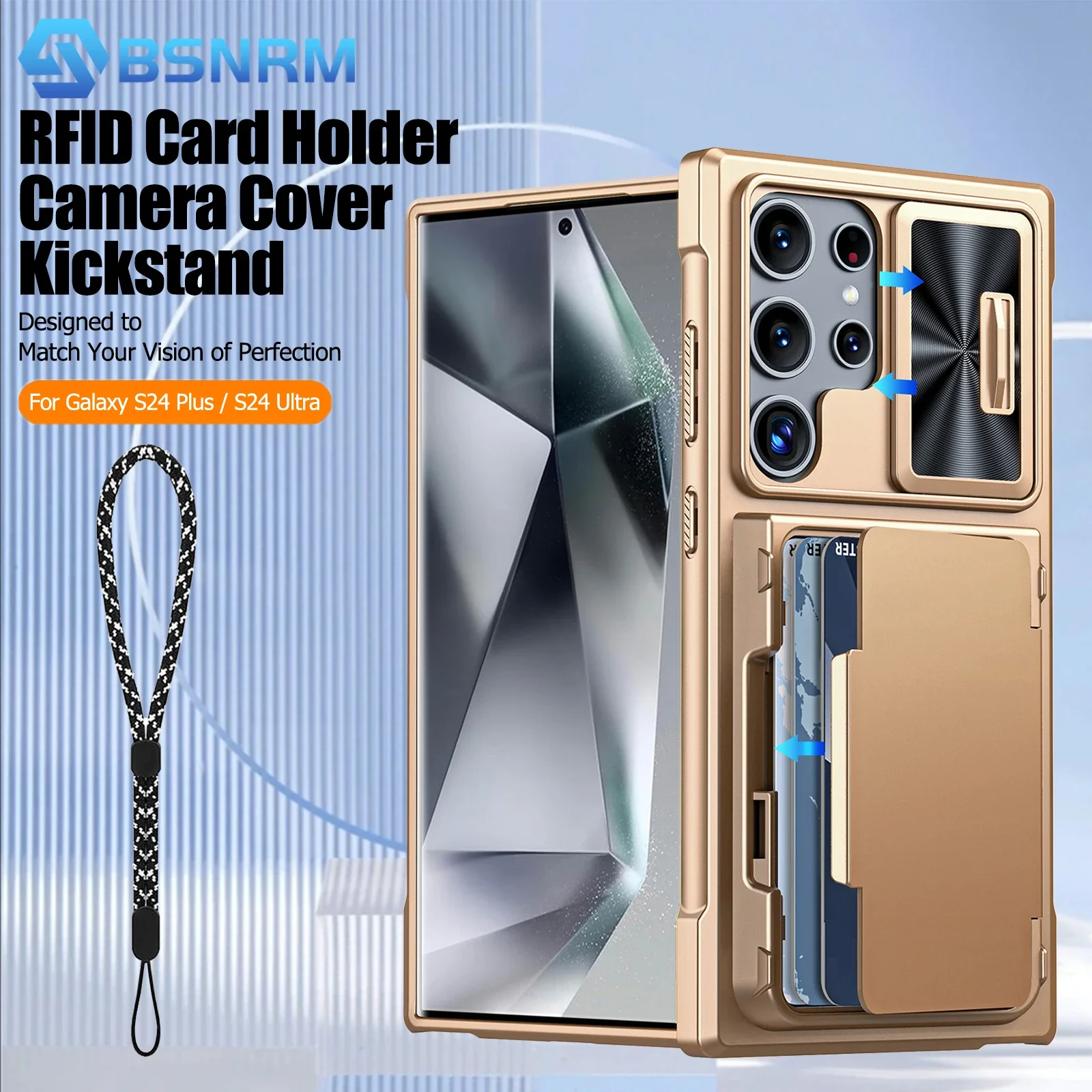 

Чехол для телефона Samsung Galaxy S24 Ultra, раздвижной чехол для камеры, держатель для карт, полное покрытие, противоударный чехол из ТПУ, золотой