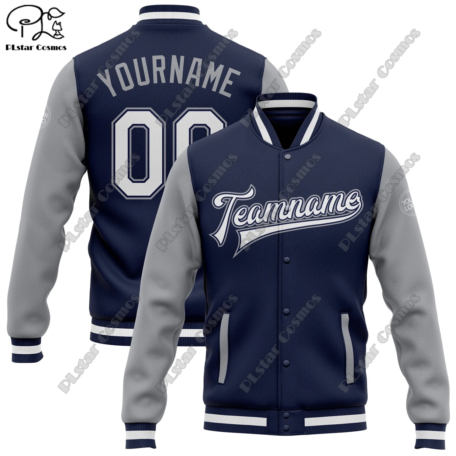 Chaquetas a presión con estampado 3D de nombre personalizado, chaquetas clásicas de Color azul oscuro, Mangas de Panel de dos colores, recién llegados de invierno, Unisex