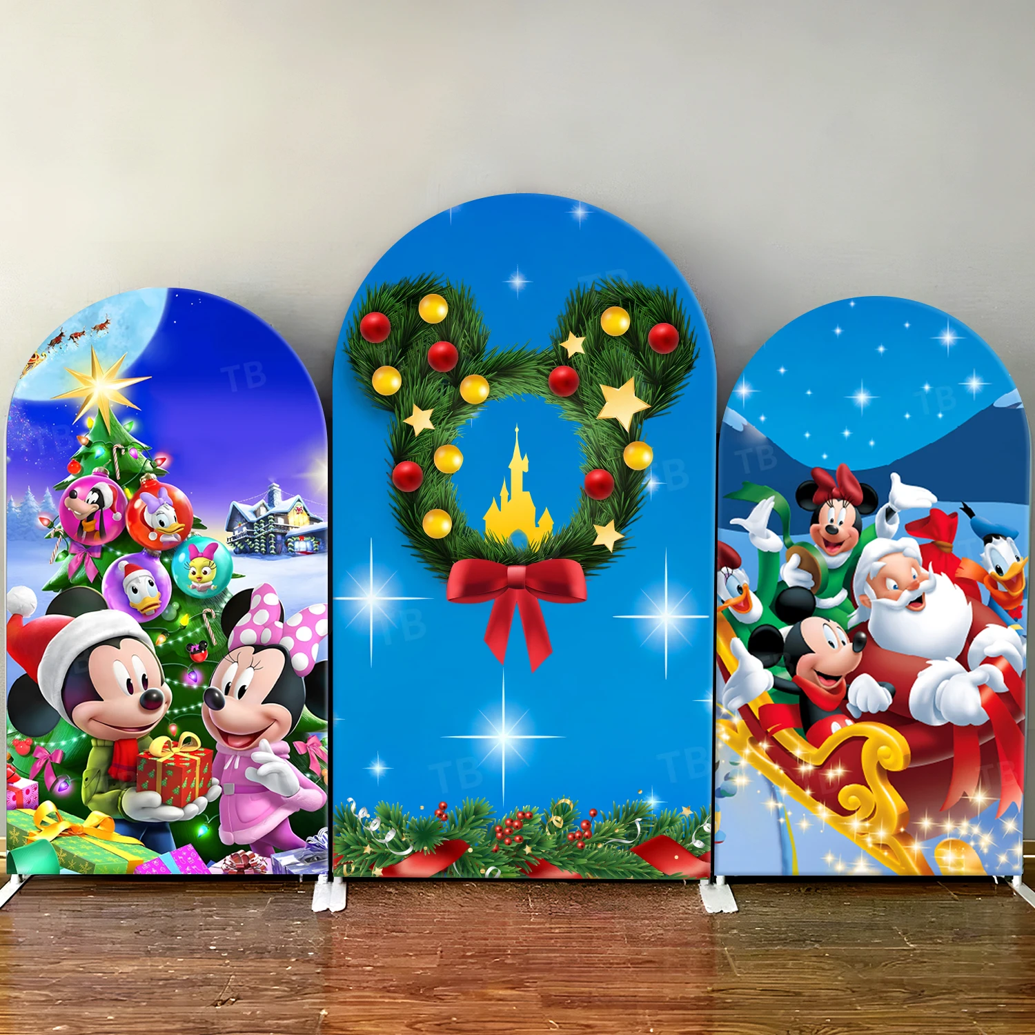 

TB Christmas Theme Mickey Arch Backdrop Cover Sled for Birthday Party Baby Shower Background Wall Decor Props Elastic Fabric