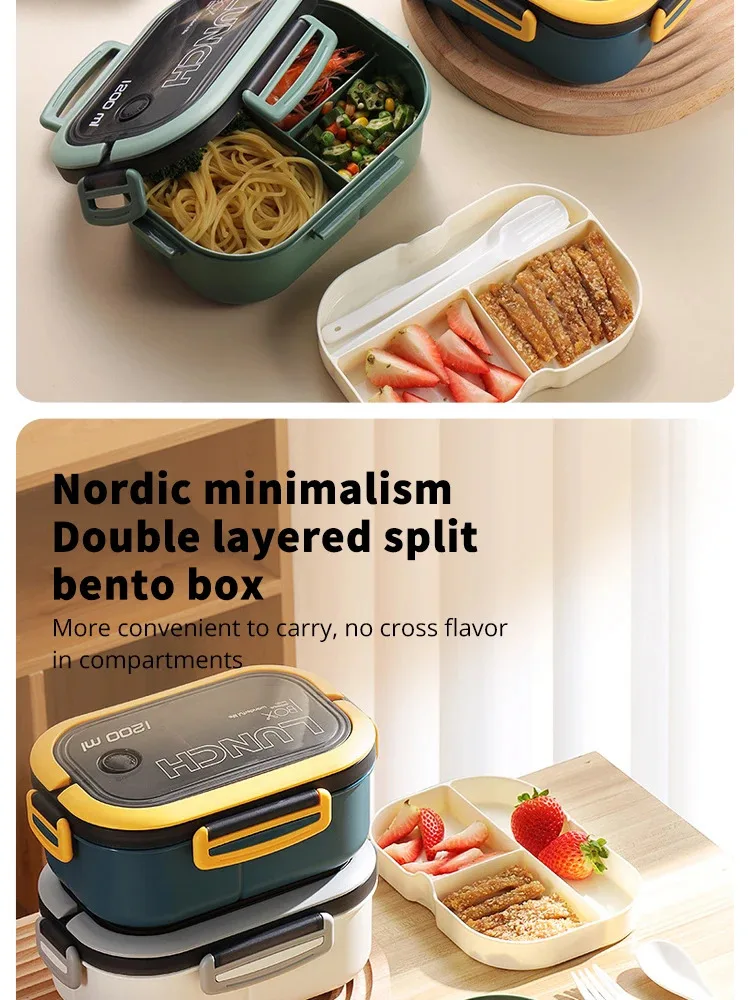 Doppelschichtiges Design mit Gabel und Löffel, Obst-Bento-Box für einfaches Tragen, mikrowellengeeignet und praktische Heiz-Lunchbox – Detail 2