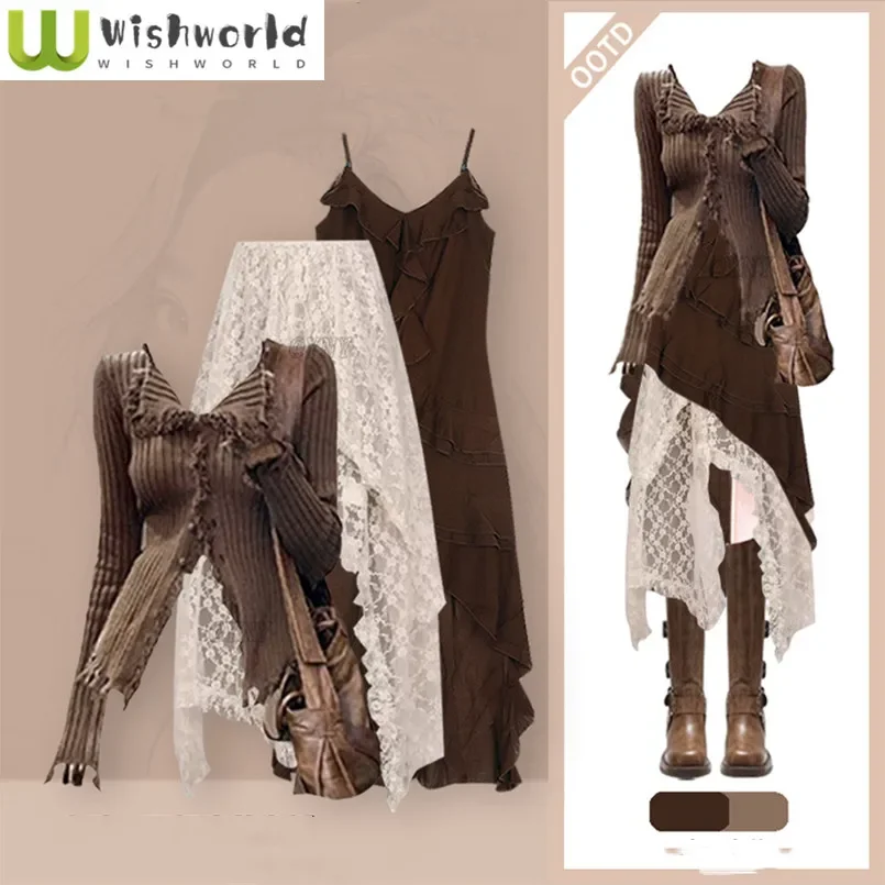 Leisure Age Reduction Set for Women Spring/Autumn New Style Bohemian Strap Dress Fashion Top Lace Skirt 3-Piece Set