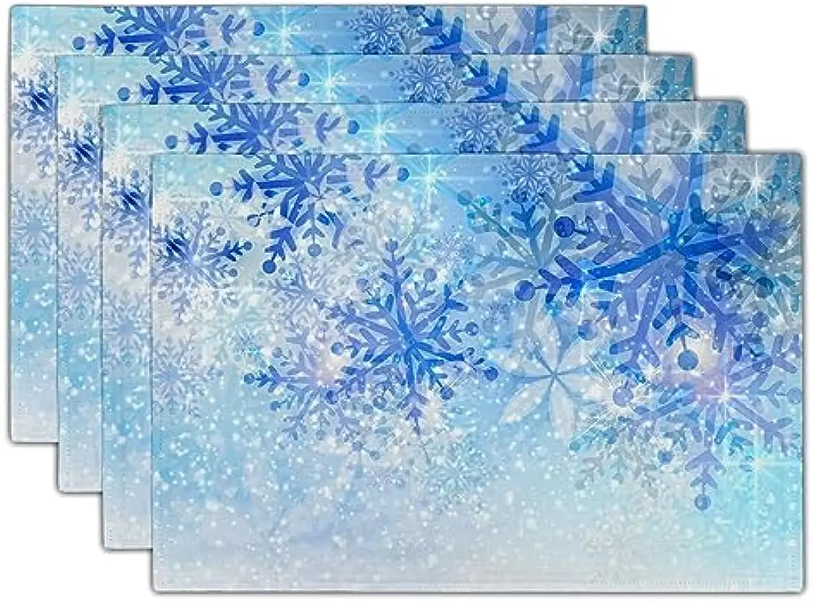 Winter Snowflake Placemats White Blue Falling Crystal Nature Ice Table Mat Snow Place Mats Set of 4 for Kitchen Dining Holiday