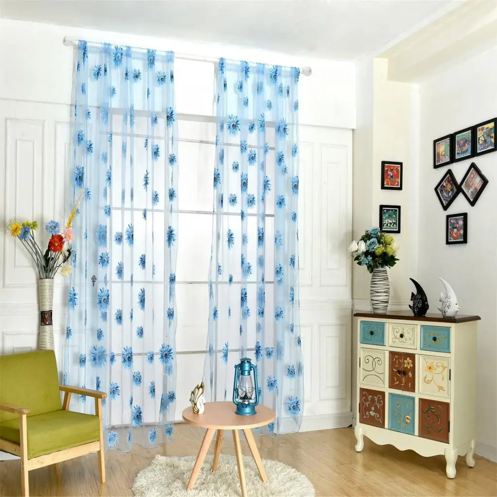 Window Hangings Floral Voile Curtain Transparent Sunflower Panel Grommet Window Curtain for Kitchen Cafe Doorway Partition