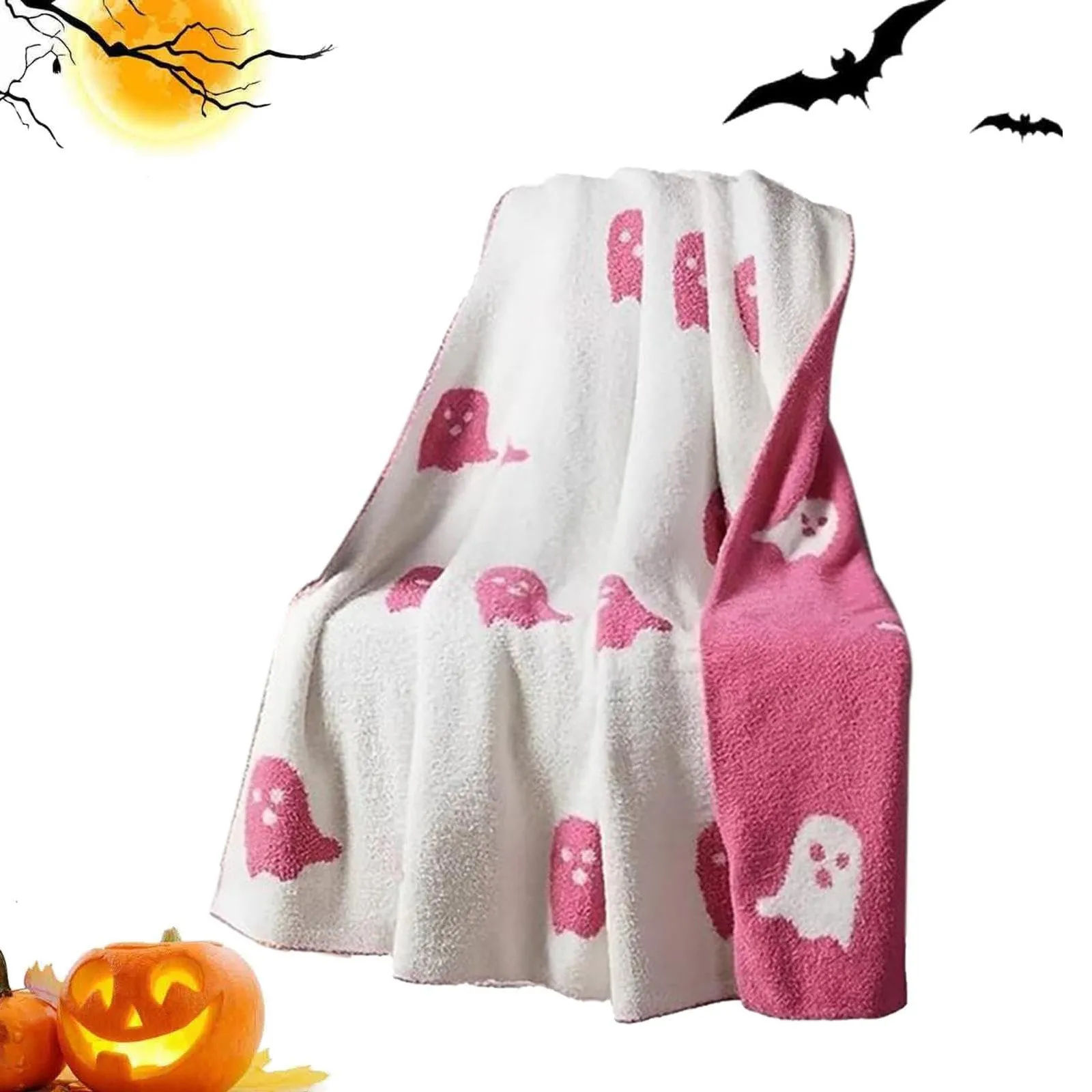 Halloween Pink Ghost Printed Blanket Warm Double-sided Flannel Blanket Winter Comfortable Warm Blanket Multi Purpose For Bedding