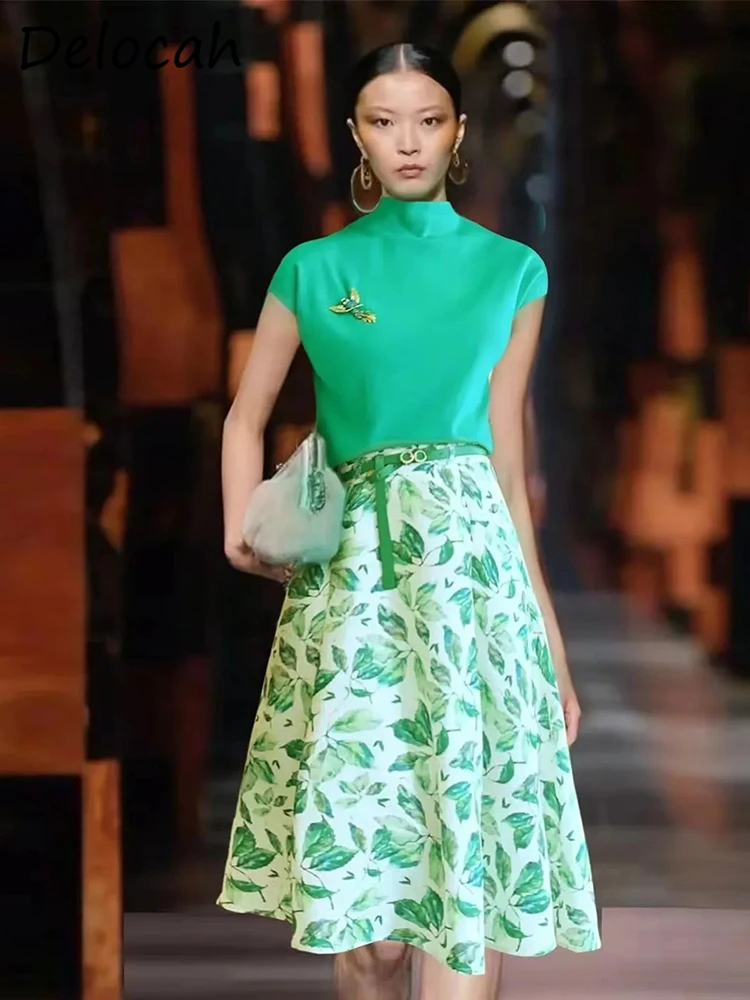 

Delocah High Quality Summer Women Fashion Designer Skirts Sets Green Print T-shirts + With Belt Print A-Line Midi Skirts Suits