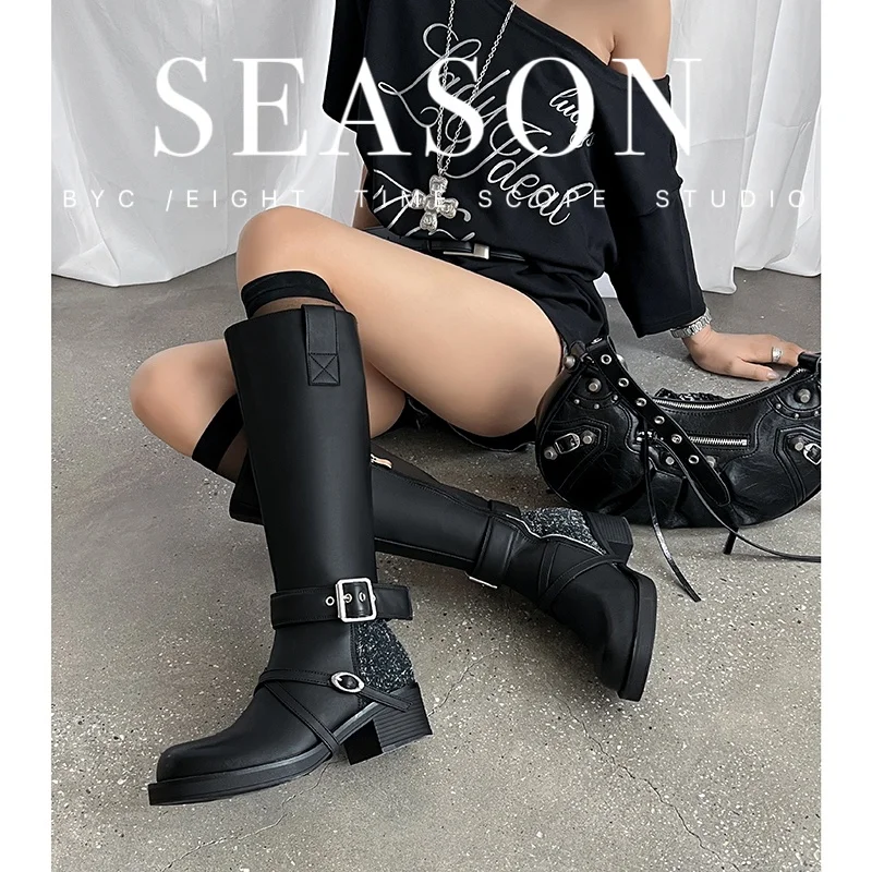 2026 nuevas botas hasta la rodilla de Otoño Invierno para mujer 22-24,5 cm color cepillo cuero dividido punta cuadrada hebilla de cinturón botas de plataforma con cremallera lateral
