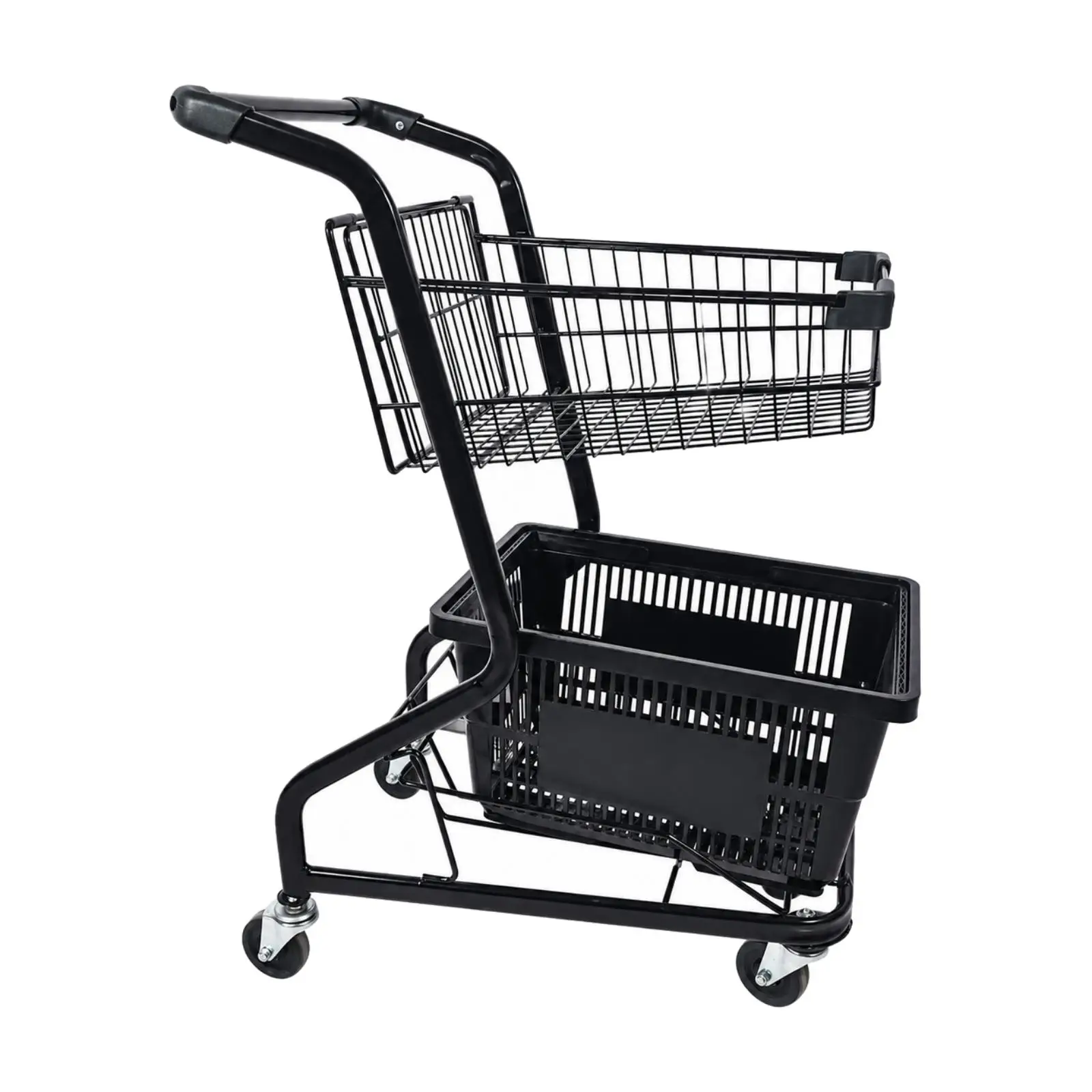 Utility Shopping Cart with Two Wire Baskets for Retail Merchandise and Grocery Hauling