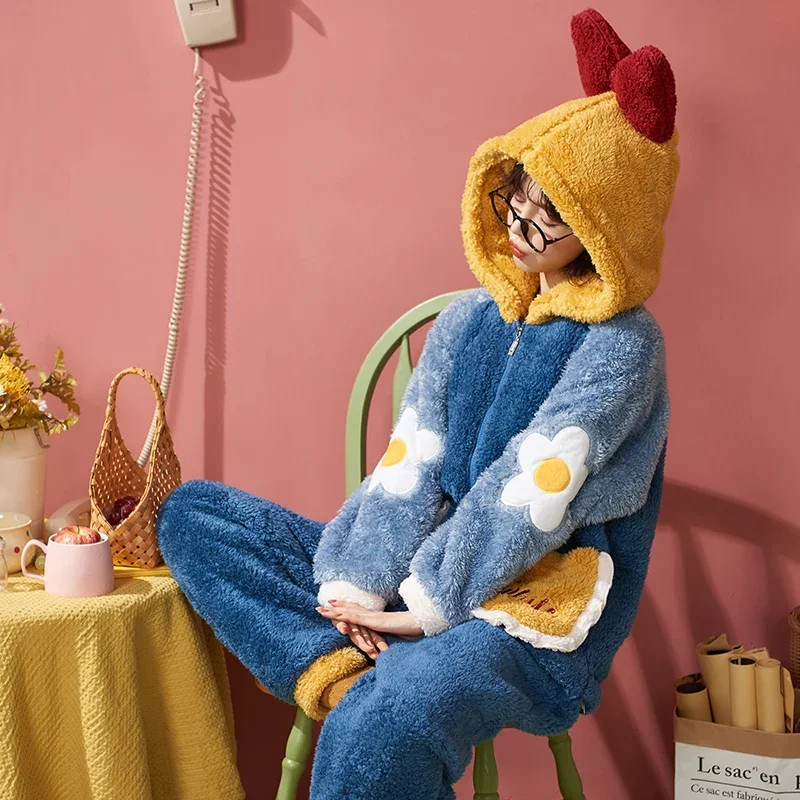 Women Thickened Coral Fleece Long Nightgown Hooded Nightdress Loose Pajamas for Female Winter Plus Velvet Home Sleepwear Kawaii