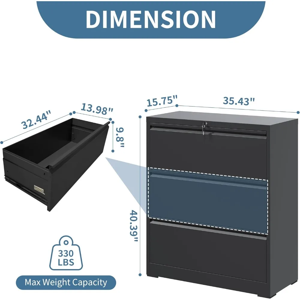 3 Drawer File Cabinet with Lock,Metal Lateral File Cabinets for Home Office,Heavy-Duty Steel Storage w/Universal File Compatibil