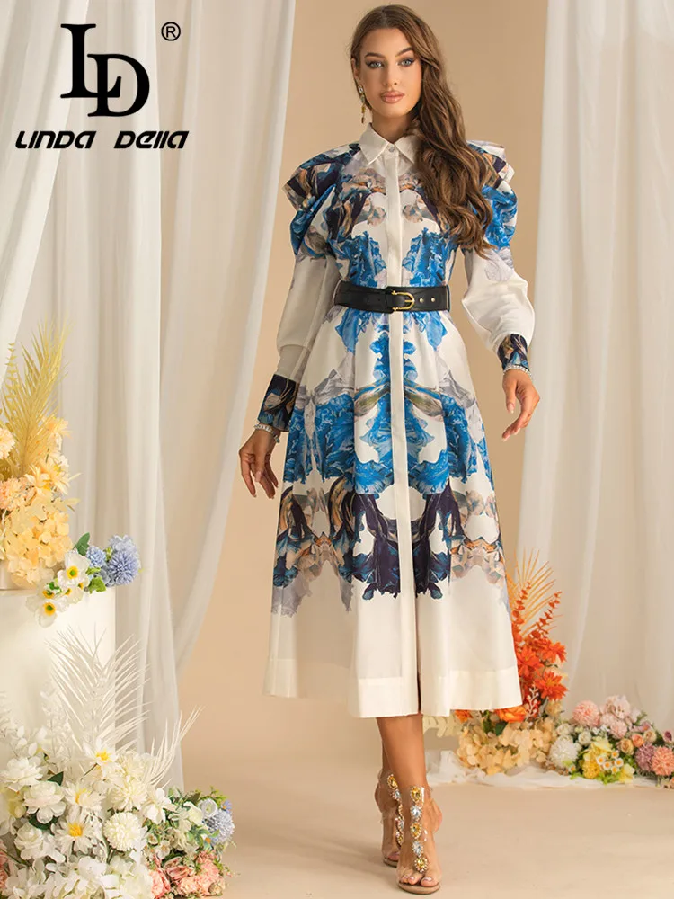 

LD LINDA DELLA New style Autumn Casual Holiday Dress Women's Long Sleeve Single-Breasted Elegant Print Dresses With Belt