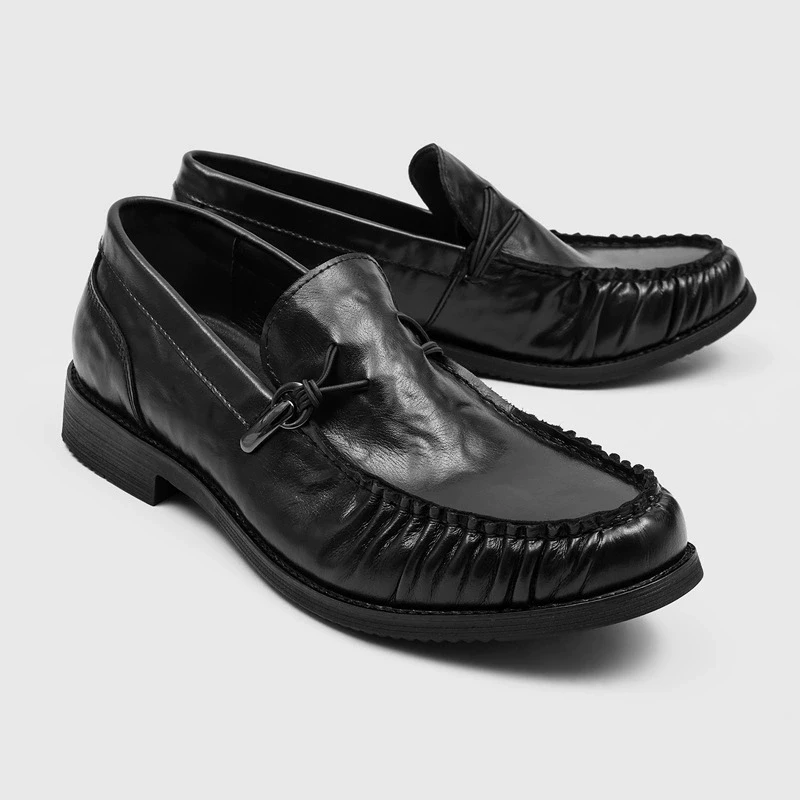 Retro Pleated Design Loafers Black Leather Slip On Single Shoes Soft Leather Soft Sole Casual Derby Shoes Trendy Men's Shoes
