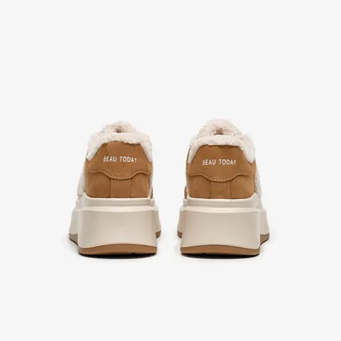 BEAUTODAY Fury Sneakers Women Cow Suede Leather Round Toe Lace-up Closure Platform Shoes Ladies Winter Warm Flats Handmade 29787