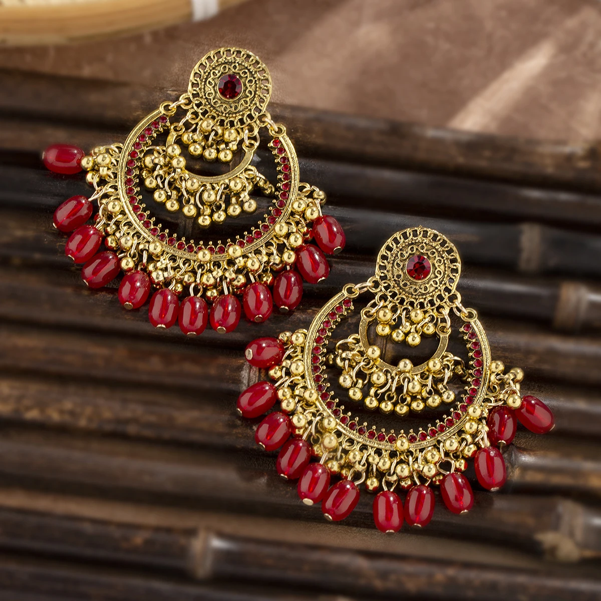 Vintage Women\'s Big Round Hollow Earrings Indian Jewelry Gypsy Gold Plated Beads Tassel Wedding Earrings Jhumka Bohemia Jewelry