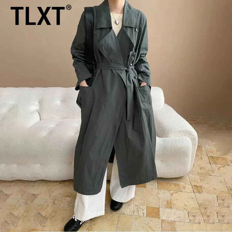 

TLXT модный женский темпераментный длинный плащ с лацканами, однобортный пояс, офисная женская ветровка со сборкой на талии, новинка осени 2023 г.