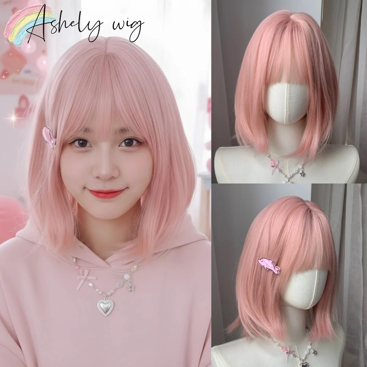 

Розовый короткий парик для женщин, 12 дюймов, парик-боб с челкой, милый японский стиль Лолита, из высокотемпературного синтетического волокна, для повседневного использования