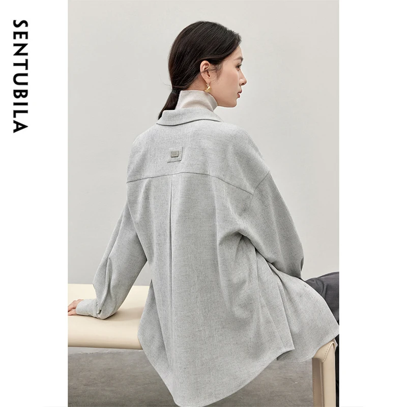 SENTUBILA Casual Loose Wool Shirt Women 2024 Winter Texture Folds Single Breasted Turn Down Collar Drop Sleeve Coats 144C57343