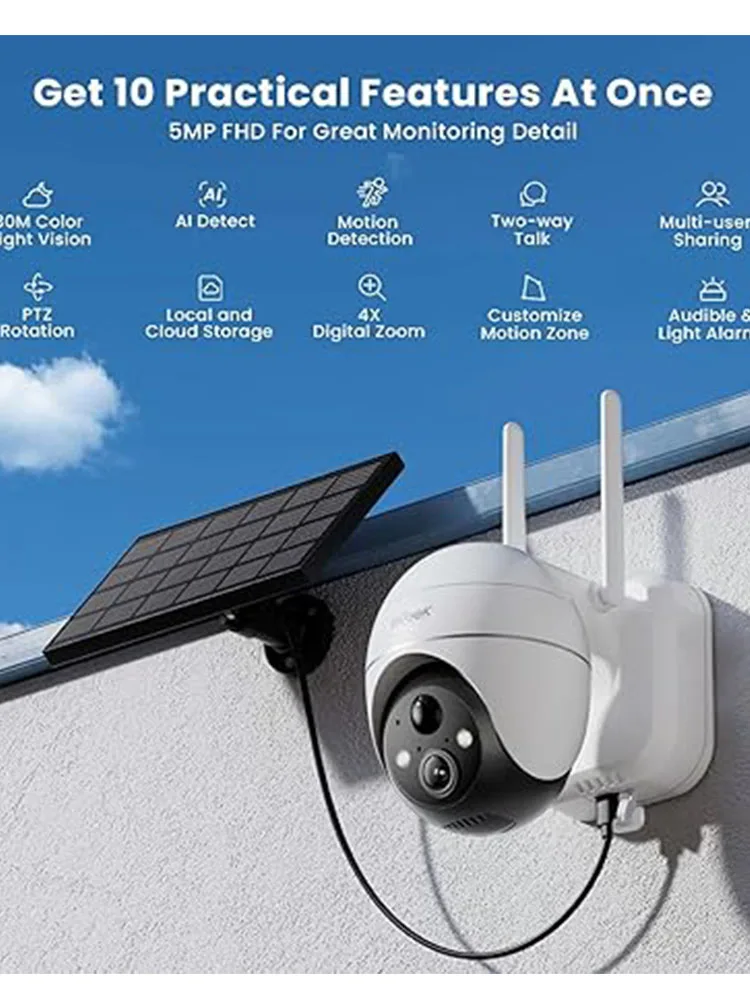 ieGeek 5MP Security Cameras Wireless Outside, Solar Camera Outdoor Wireless WiFi 360° PTZ Battery Powered with Spotlight & Siren