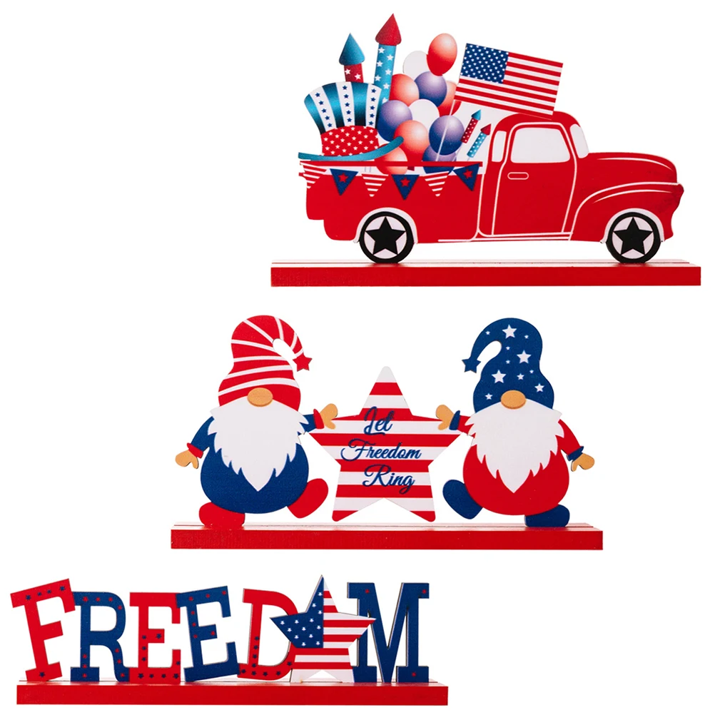 

3pcs Wooden Ornaments Patriotic Decorations Independence Day Centerpieces Creative Home Party Tray Decor Items for 4th of July