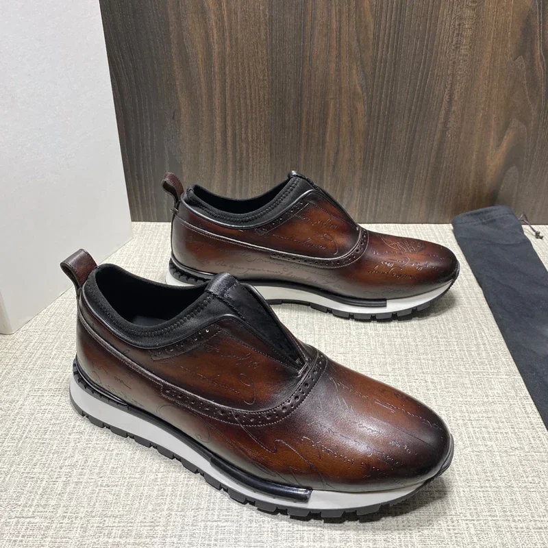 Men's Casual Leather Shoes Carved Luxury Brand Genuine Leather Sneakers Comfortable Breathable British Fashion Retro Shoes