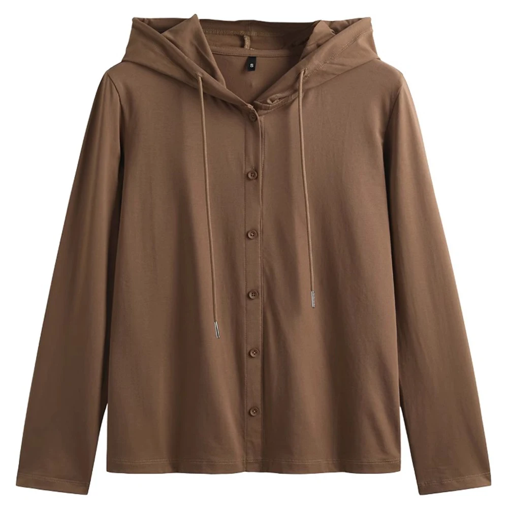 Cotton hooded T-shirt for women long sleeved loose casual top with cap spring and autumn thin design can be worn as a base coat