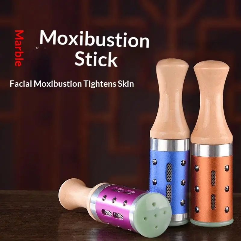 Jade Gua Sha Moxibustion Stick 360° Rotation Raised Point Massage Tool 1 Set for Facial Skin Care Body Stress Relief