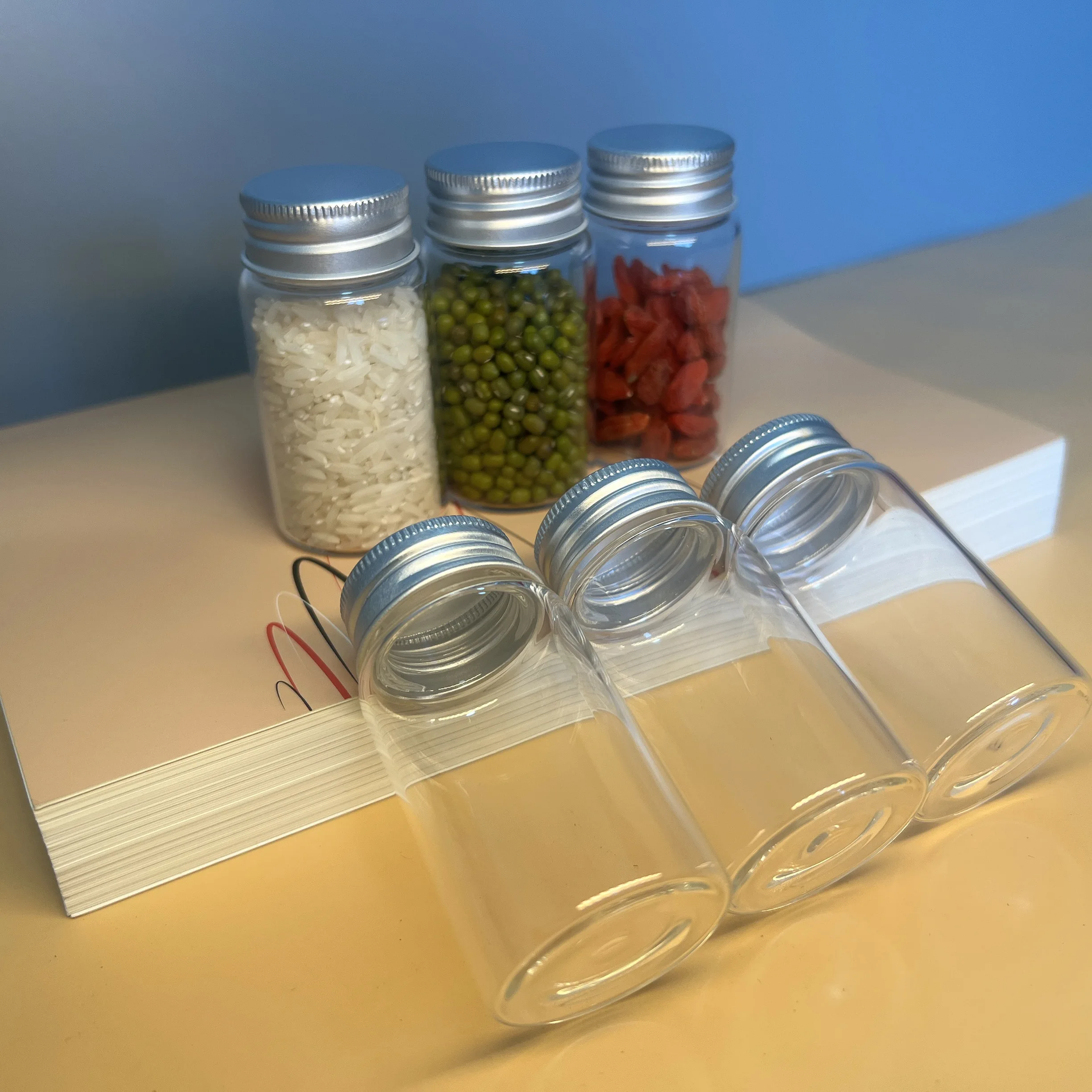 8/27 Pcs 50ml Clear Glass Jars Silver Aluminum Caps 37x70mm Mini Glass Bottles Spice Storage Airtight Containers Organization