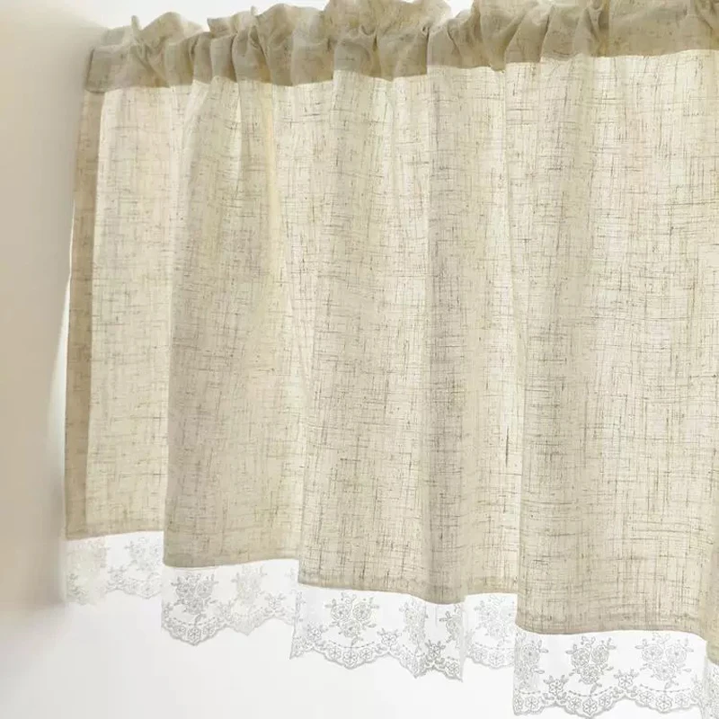 Linen Blend Beige Curtains with Lace Trim for Bedroom Rustic Farmhouse Window Curtain Rod Pocket Light Filtering for Living Room