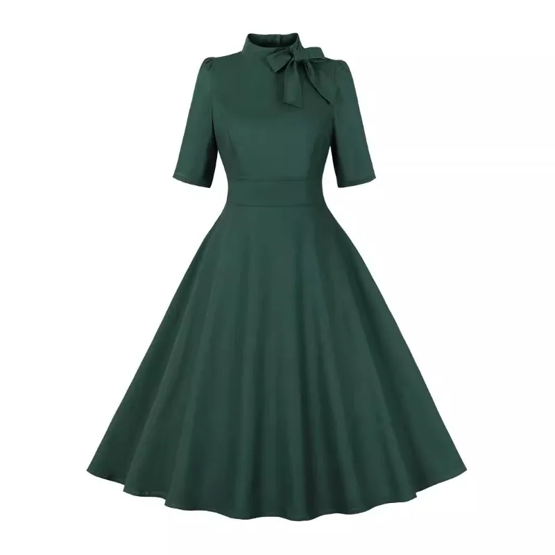 2024 New Retro Stand Collar Bow Half Sleeve Women Elegant Dress Y2K Harajuku Vintage A Line Cotton 50s 60s Hepburn Party Dresses