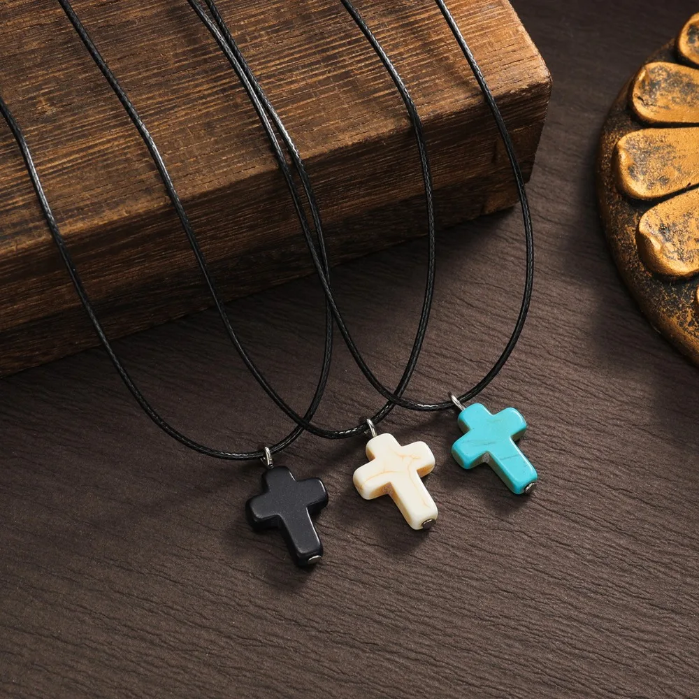 Creative Simple Waterproof Waxed Cord Imitation Turquoise Cross Pendant Necklace for Women Best Friend Make A Wish Jewelry Gift