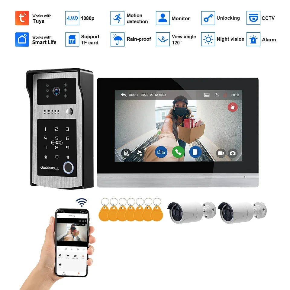 WiFi Video Intercom Smart Doorbell Tuya App Remote Control Fingerprint Password Swipe Card Integration Wired Doorbell Camera