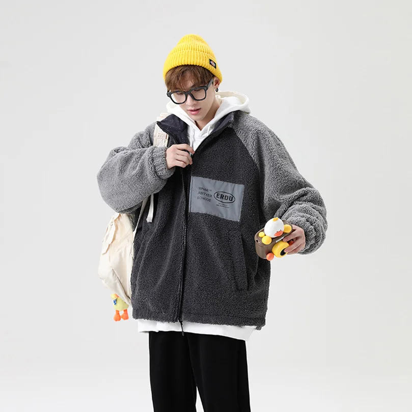 2 Side Wearable Teddy Jacket Men Cashmere Oversize Casual Coat Autumn Winter Fleece Outerwear Thick Patchwork Pockets Quick Dry