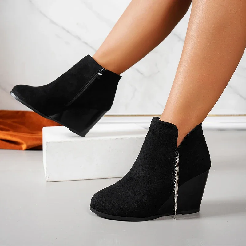 Women Suede Wedges Ankle Boots Fashion High Heels Shoes Woman 2025 Trend Winter Elegant Designer Sexy Retro Boots Botas Mujer