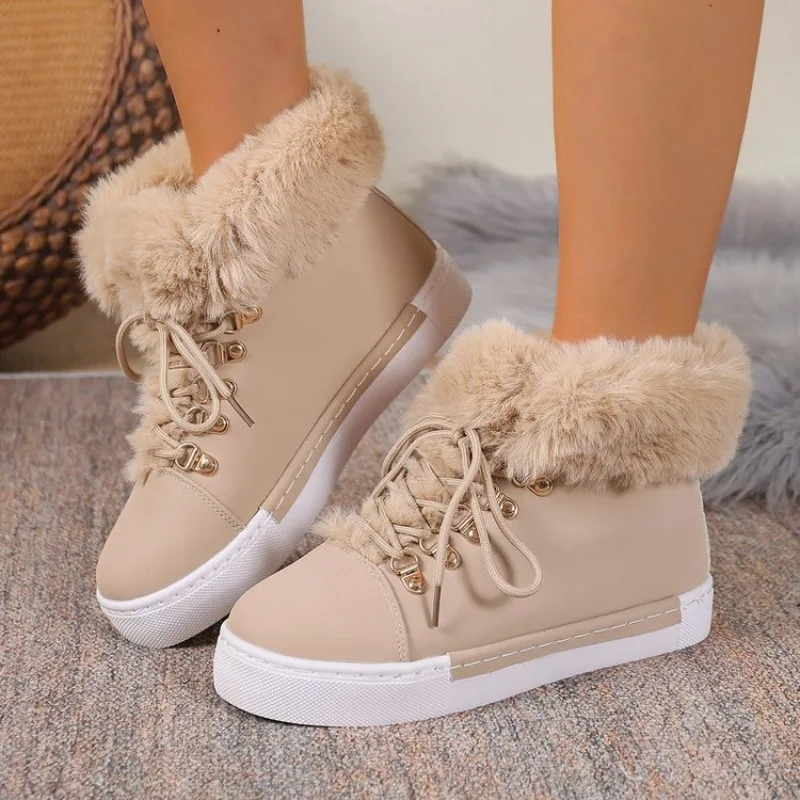 Women Boots Retro Casual Fashion Shoes Women Daily Round Toe Flat Boots Lace-Up Fuzzy Detail Lined Ankle Boots Zapatos De Mujer