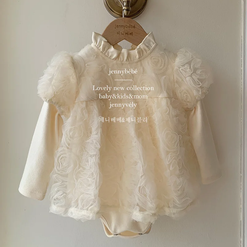 2024 New Spring Infant Baby Girl Bodysuits Long Sleeved Cotton Lace Splicing Newborn Baby Girl Jumpsuit 0-24M Baby Girl Clothing