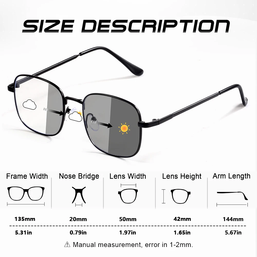 CRIXALIS Photochrome quadratische Sonnenbrille für Damen und Herren, Metallrahmen-Design, Dekoration, Alltag, Sonnenscheinbrille, UV400-Schirm – Detail 2