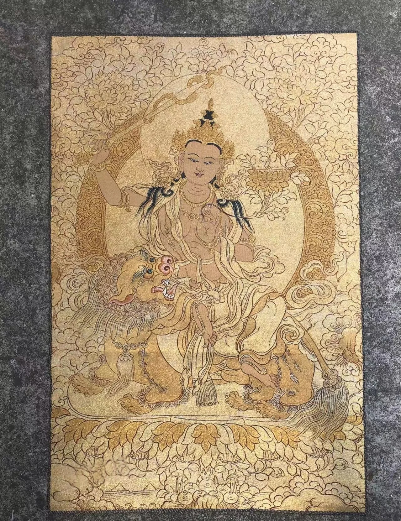 90x60cm Brocade Thangka Manjushri Gold-Thread Brocade Tapestry Embroidery Tibetan Wall Hanging Home Decor