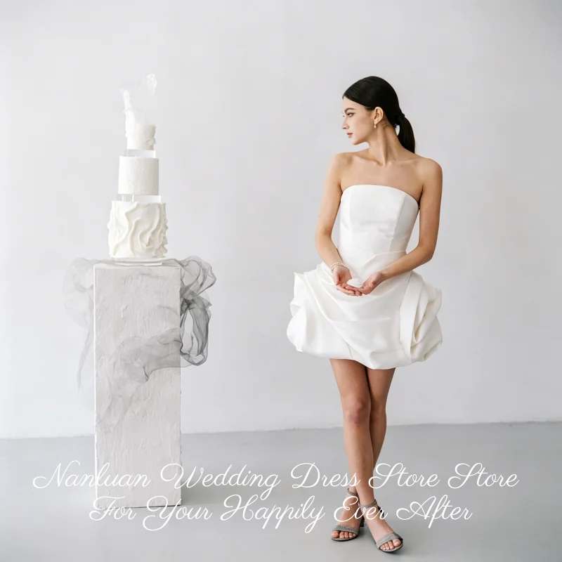 26 Styles Strapless Satin Short Wedding Dress Ruched Bubble Mini Skirt Civil Wedding Vestidos de Novia Customized