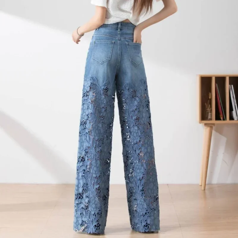 여성을위한 패션 우아한 청바지 높은 허리 레이스 패치 워크 Pantalones 중공 대형 봄 캐주얼 느슨한 모든 경기 바지