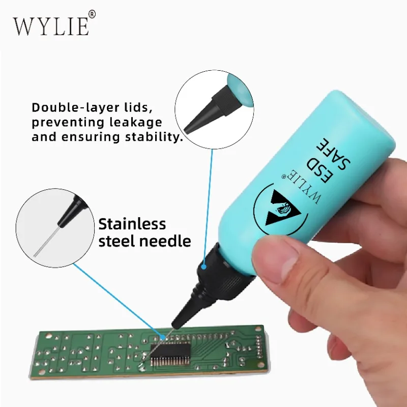 WYLIE 60ml ESD SAFE Solvent Bottle Double Cap Leak-proof for Mobile Phone Repair Alcohol Glue Solution Solvent Dispensing Tool