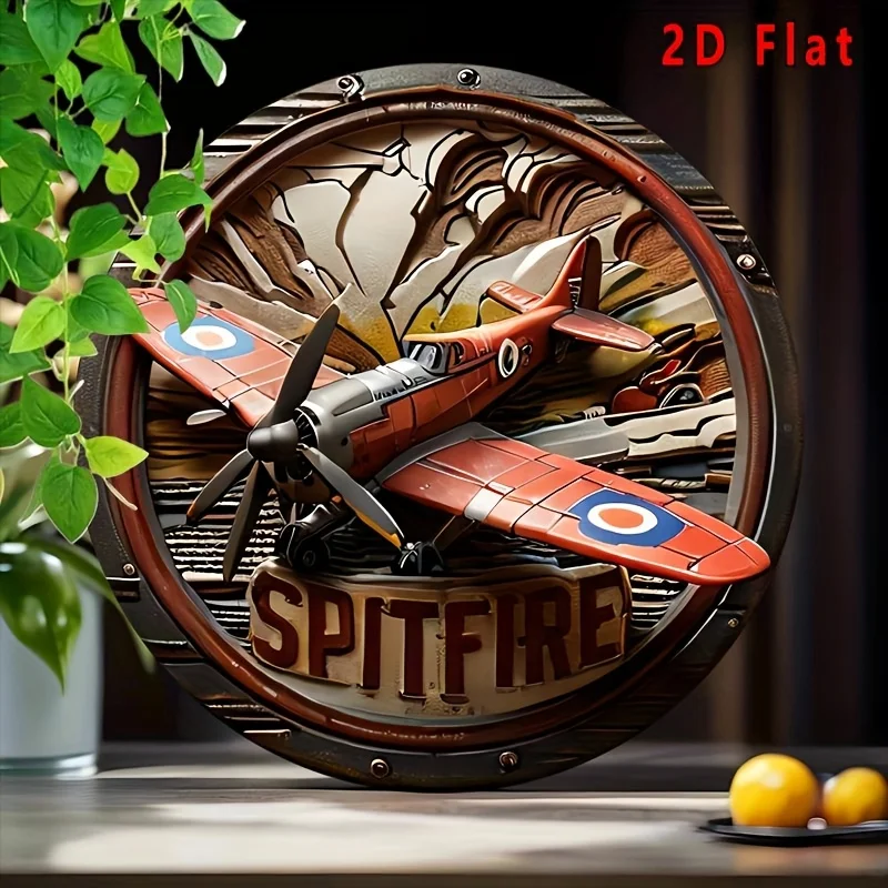 2D Flat, 1pc Vintage Spitfire Aircraft Wall-Mounted Decor - Retro British WWII Fighter Plane, Lightweight Aluminum Metal Sign view 3