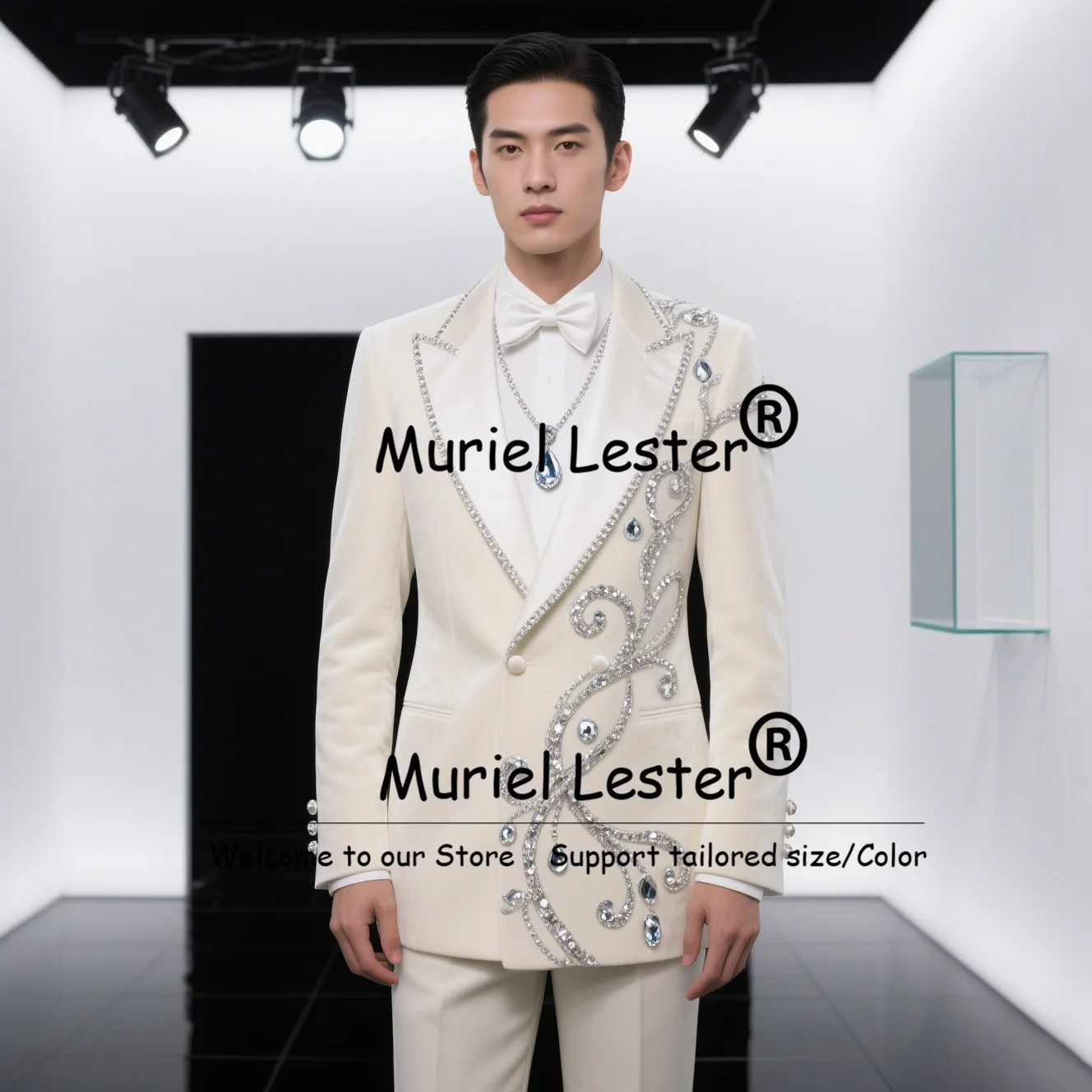 فاخر بلورات مطرز البحرية الدعاوى الرجال لحفل الزفاف مخصص 2 قطعة مزدوجة الصدر سترة السراويل العريس حفلة البدلات الرسمية سليم صالح