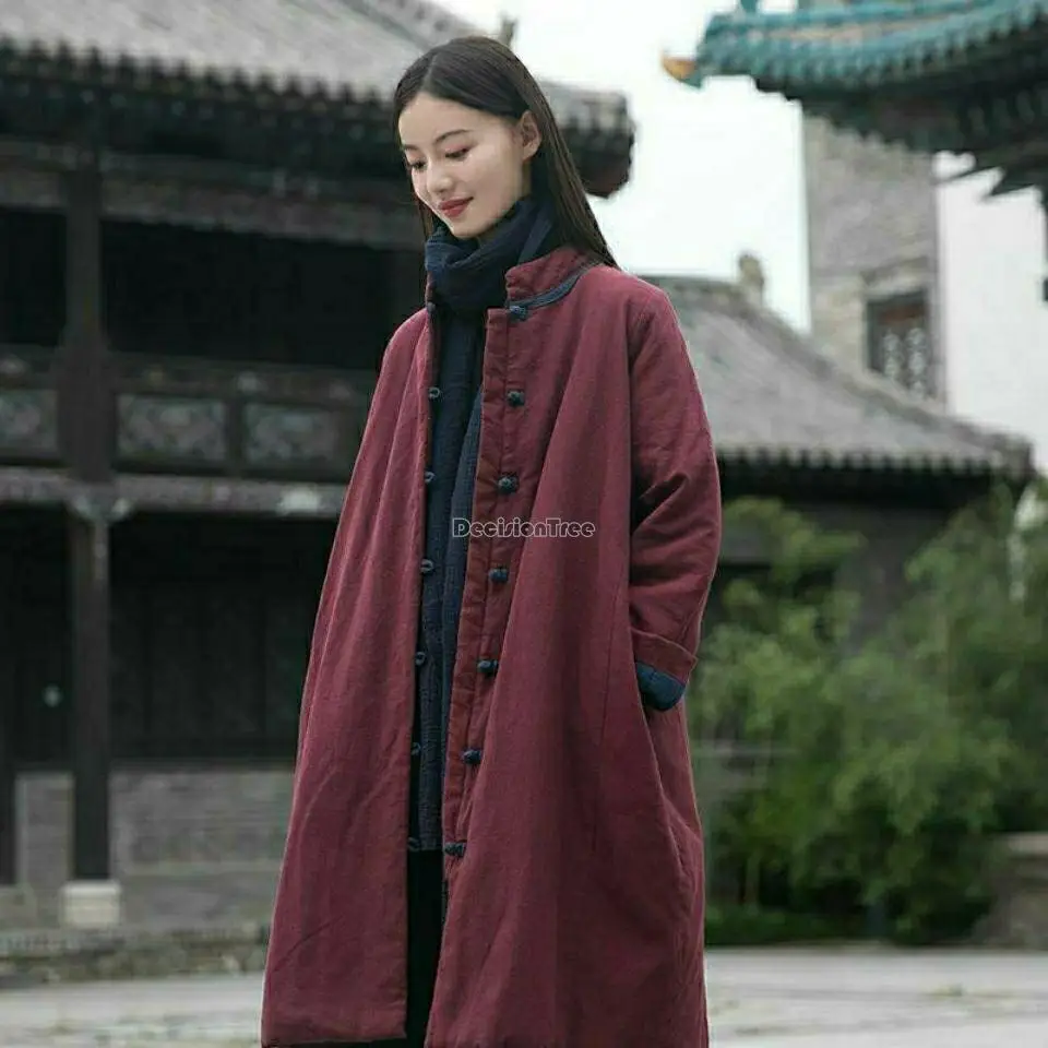 2023 winter new vintage stand collar chinese style pan buckle long thicked jacket cotton linen loose  cotton-padded coat s936